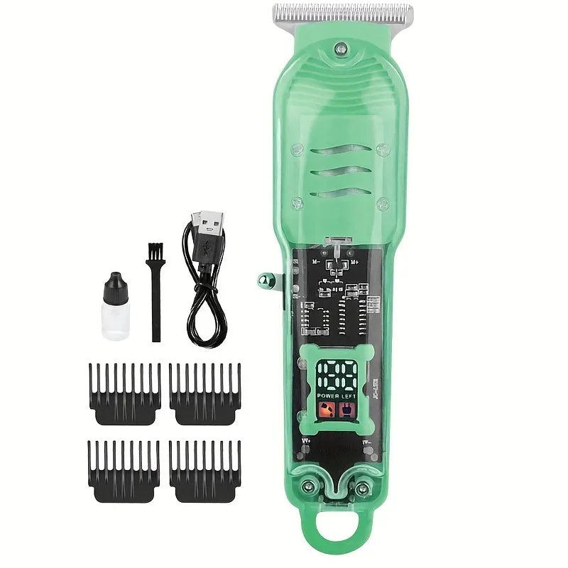 A green professional cordless hair clipper and beard trimmer with various attachments.
