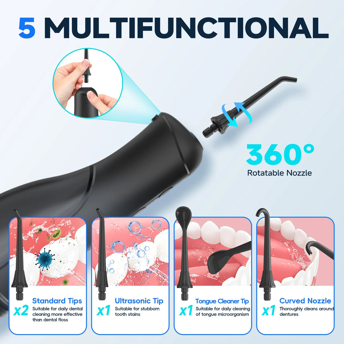 A black oral irrigator device showing various tips including standard, ultrasonic, tongue cleaner, and curved nozzles.