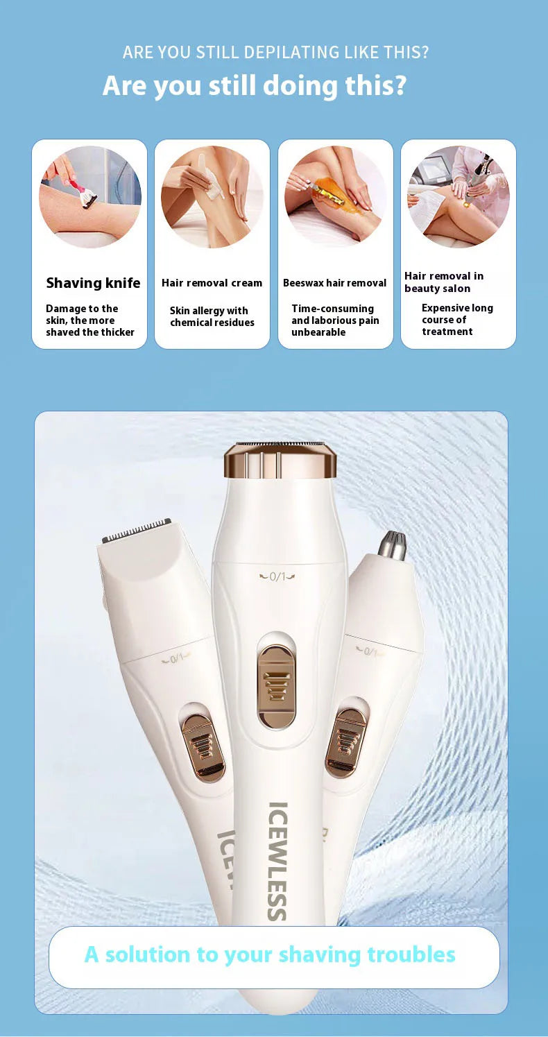 A set of three white electric facial and body hair removal devices including a main unit and two attachments.