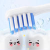 A white toothbrush head is shown cleaning a tooth, with bubbles and cartoon faces on the tooth.