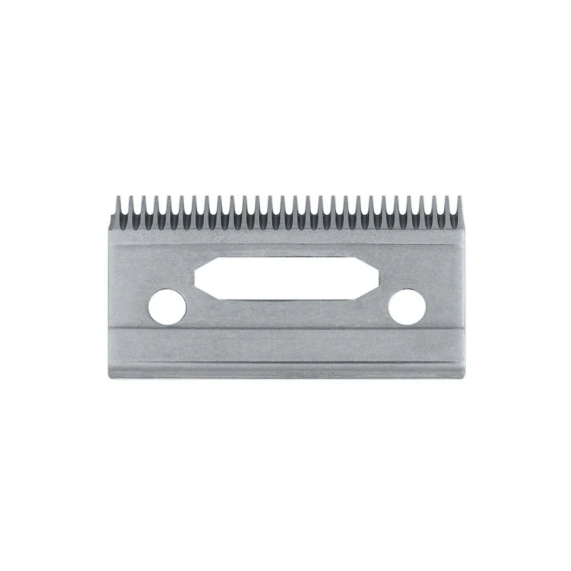 A silver replacement blade for professional hair clippers with a serrated edge and mounting holes.