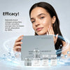 A woman holds a box of Collagen & Hyaluronic Acid Anti-Wrinkle Essence with several glass bottles and molecular graphics.