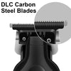 Close-up view of DLC Carbon Steel blades attached to a professional cordless electric hair clipper head.