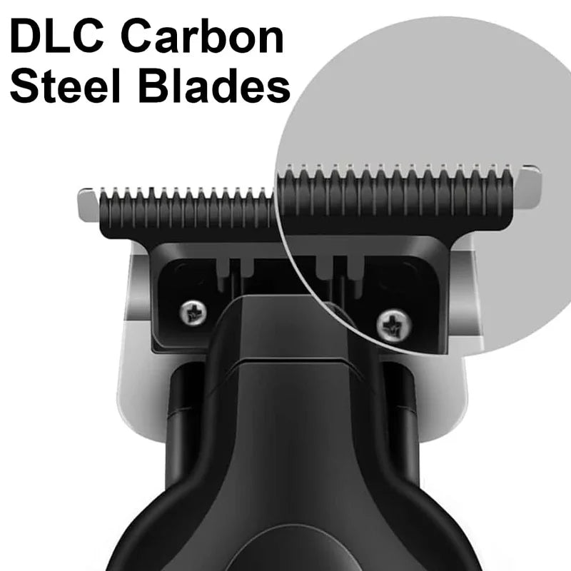 Close-up view of DLC Carbon Steel blades attached to a professional cordless electric hair clipper head.
