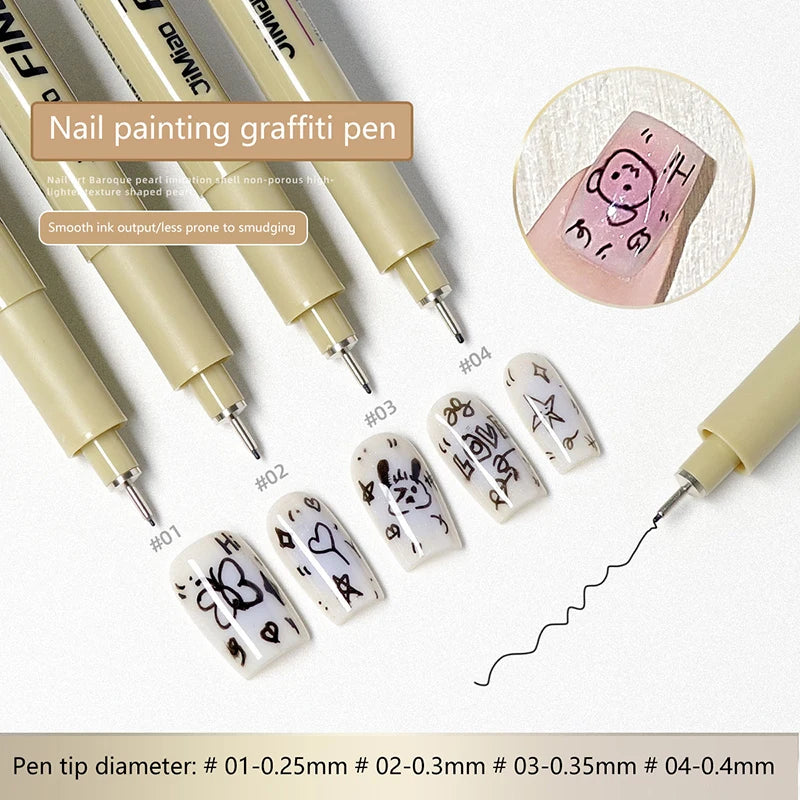 A set of fine line nail painting graffiti pens in various diameters and colors with tips shown for detailed sketching.