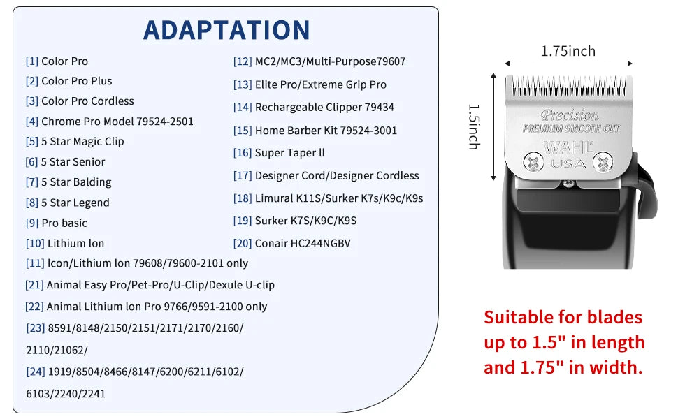 A list of precision cutting guides for hair clippers and trimmers, showing various sizes and types.