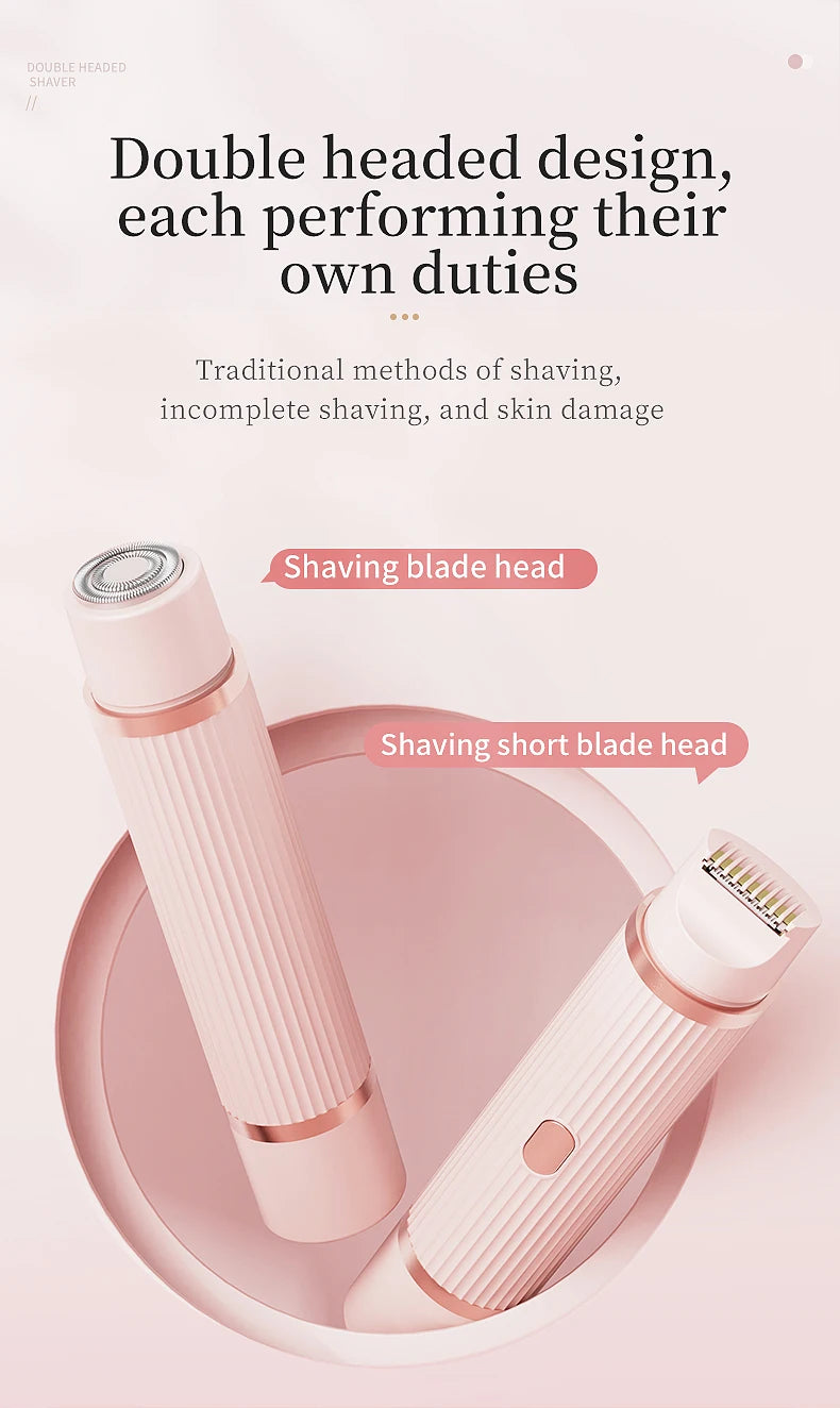 A pink double headed electric razor featuring two interchangeable shaving blade heads resting on a circular stand.