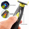 A hand holds a portable electric shaver, showing the work indicator and charging indicator lights.
