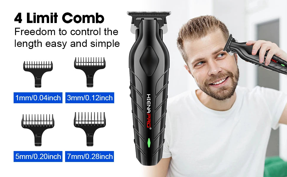 Ein Mann benutzt ein schwarzes elektrisches Haartrimmer-Kit mit verschiedenen Aufsätzen für Haare und Bart.