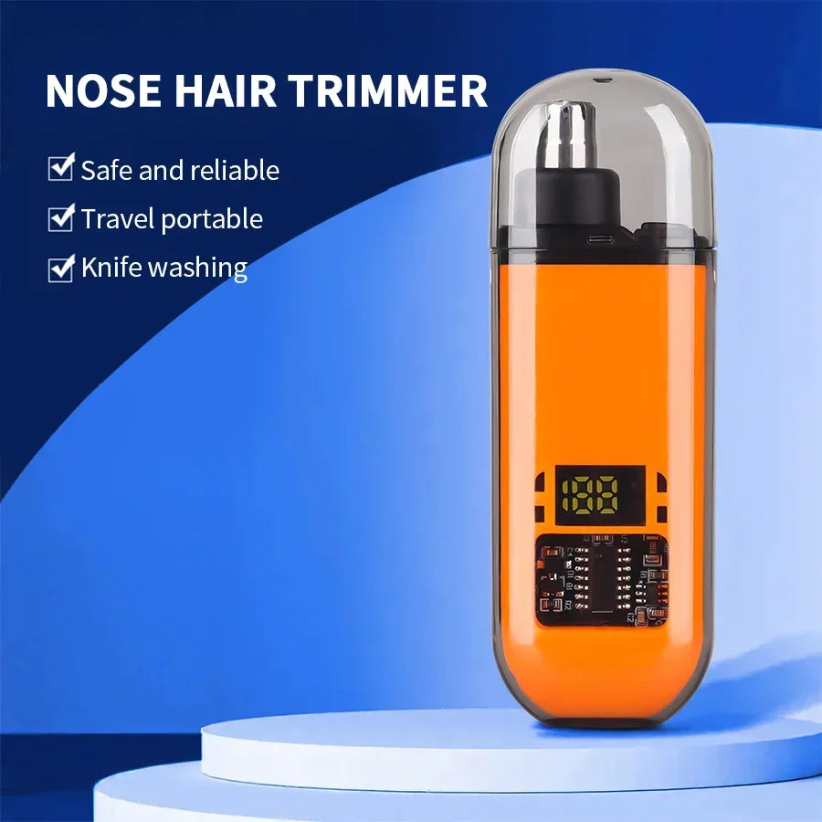 An orange electric nose hair trimmer with a clear cap and digital display, shown on a blue surface.