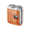 A portable silver and orange electric shaver with a digital display showing 100% battery.