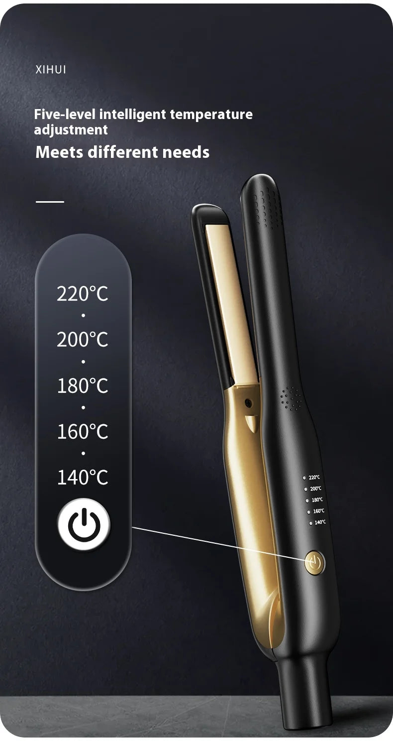 Plancha de cabello de cerámica negra con acento dorado junto a una escala de ajuste de temperatura.