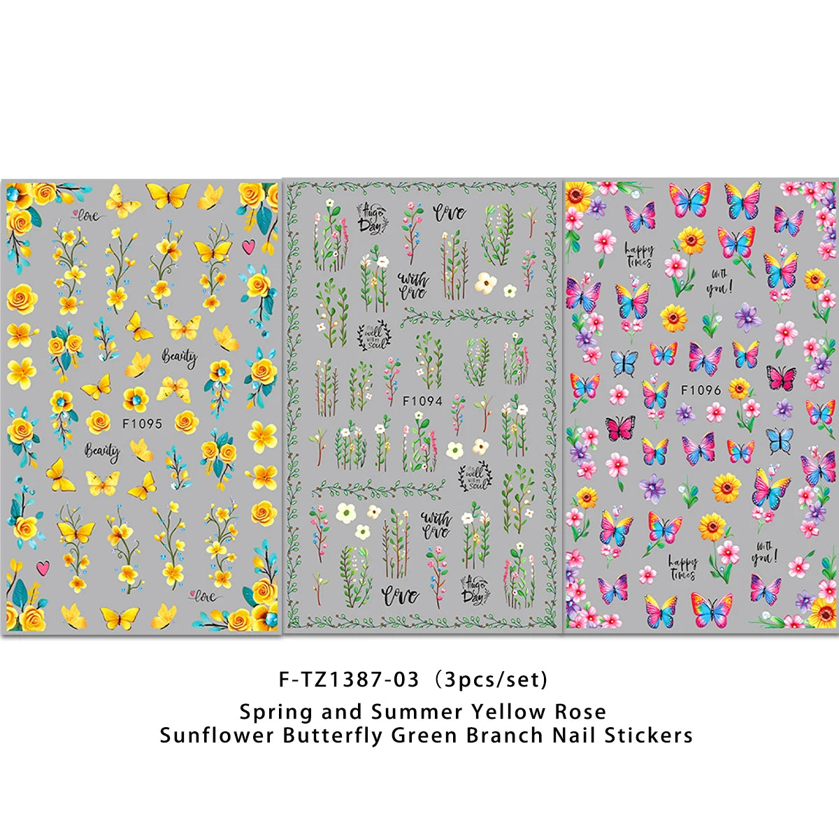 A set of F-TZ1387-03 nail stickers featuring spring and summer yellow rose, sunflower, butterfly, and green branch designs.
