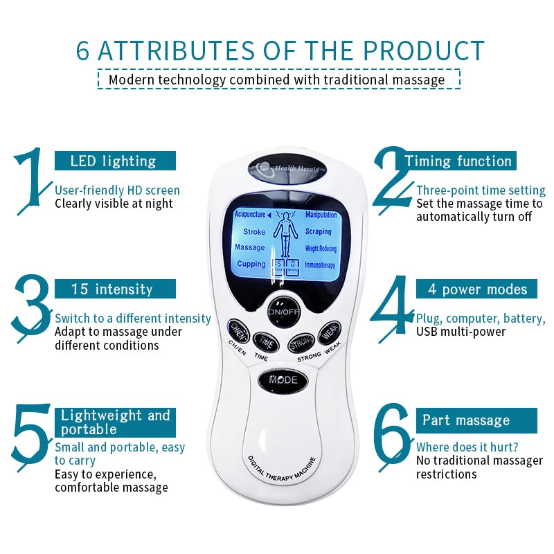 A white digital therapy machine for massage featuring LED lighting, timing functions, and multiple modes.