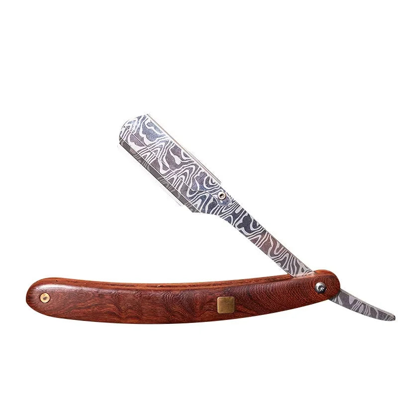 A professional wood handle shaving razor with a dark brown wooden handle and a patterned metal blade.