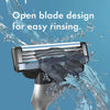 A close-up of a Gillette Mach3 manual razor with an open blade design being rinsed under water.