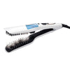 A white professional dual voltage hair straightener iron with a black body and a silicone comb is shown.