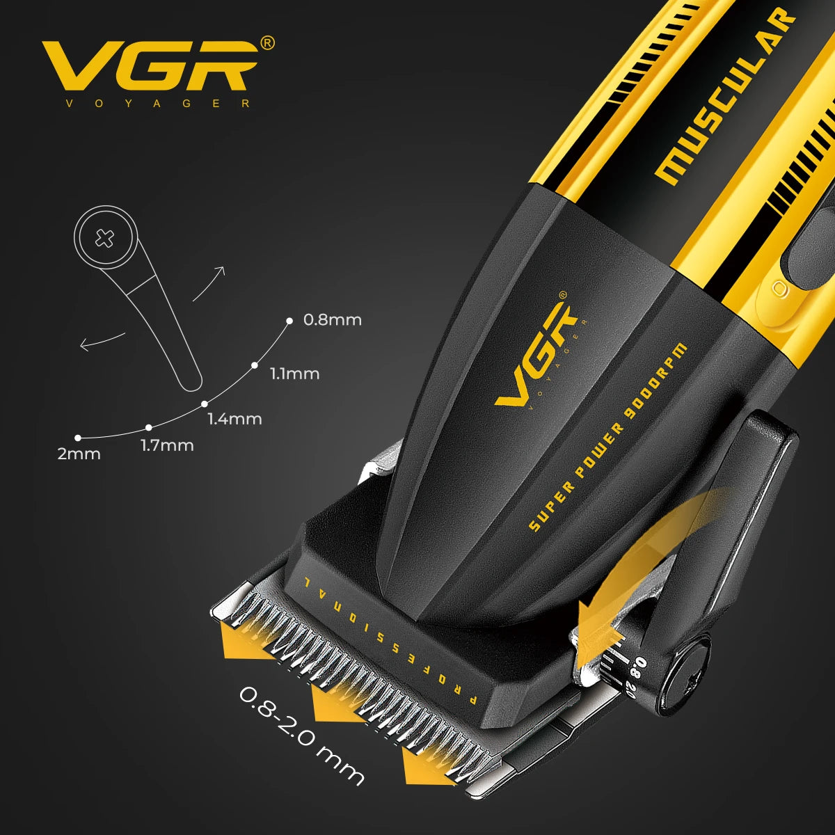 Close-up view of a black and gold VGR Voyager electric hair clipper with various cutting attachments.