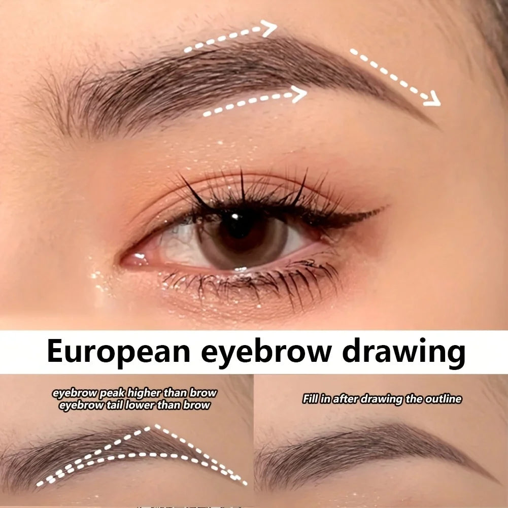 Demonstration of European eyebrow drawing technique showing the peak higher than the brow and tail lower than the brow.