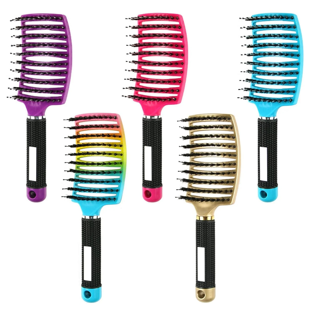 A collection of six nylon bristle detangling combs in various colors including purple pink teal and gold