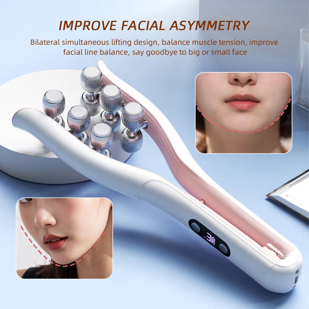 A white EMS facial roller massager is shown with a pink handle, demonstrating its use for improving facial asymmetry.