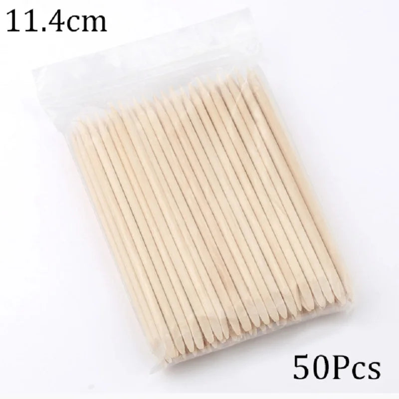 A package containing 50 natural wood nail art pusher sticks, measuring 11.4cm each.