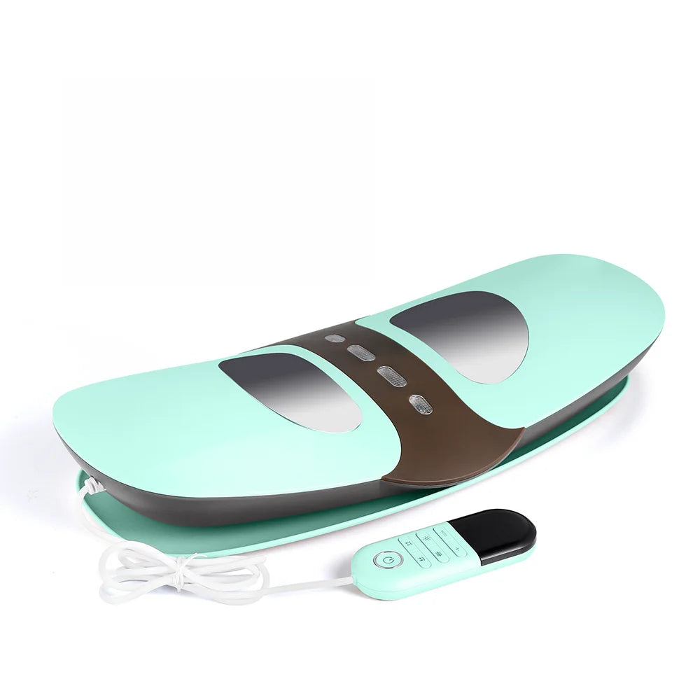 A teal electric lumbar traction massager device with a black cord and strap is shown on a white background.