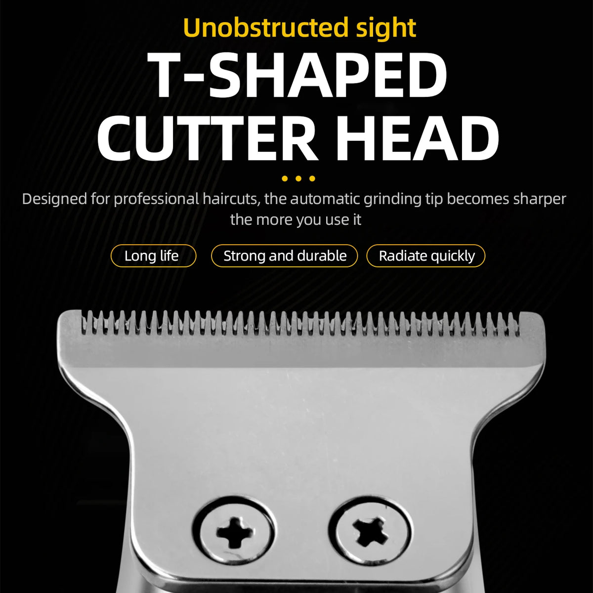 Nahaufnahme eines T-förmigen Schneidkopfes für einen professionellen elektrischen Haartrimmer mit Metallgehäuse.
