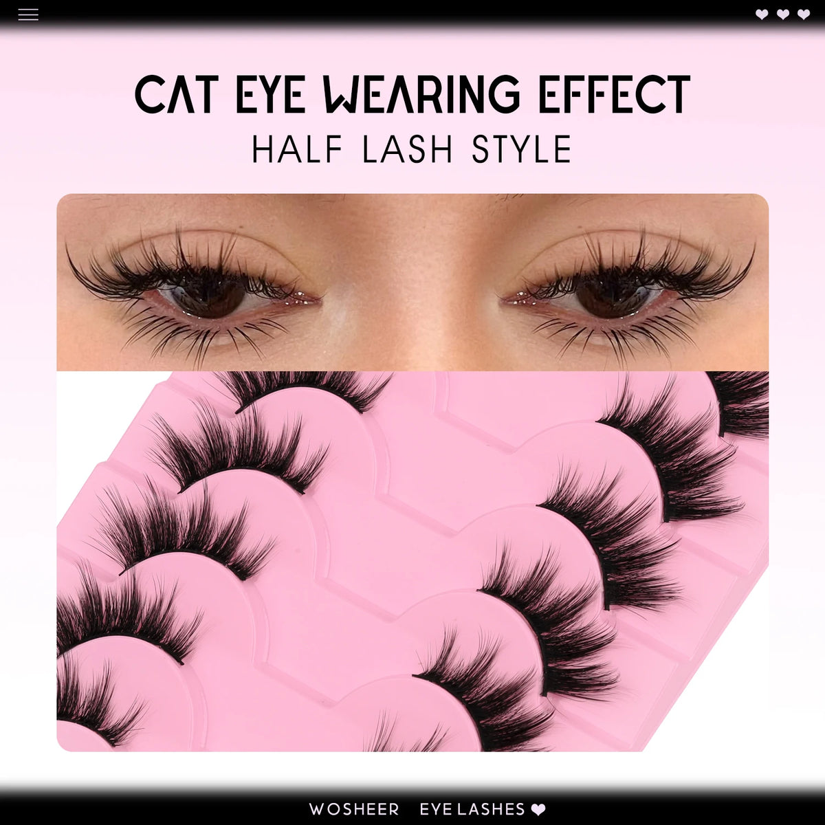 Gros plan sur les yeux montrant un effet œil de chat et un échantillon de faux cils naturels et fins.