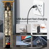A professional rechargeable hair grooming kit with a gold and black design showing various charging options like USB charger,