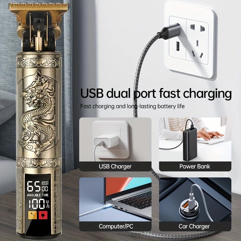 A professional rechargeable hair grooming kit with a gold and black design showing various charging options like USB charger,