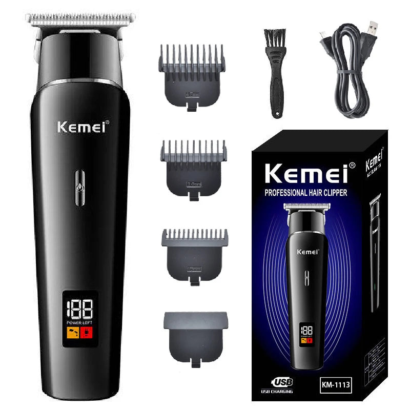 A black Kemei professional electric hair clipper with various attachments shown on a white background.