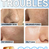 Image showing various skin conditions like strawberry nose, enlarged pores, fat granule, and oily T-zone, followed by a thumb