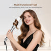 A woman is using a multi-functional tool for straightening, wavy curls, and smoothing her hair.