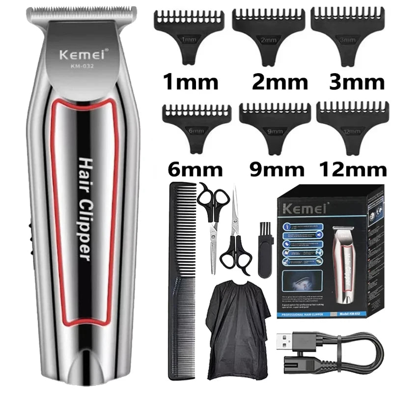 A silver electric hair clipper with various guard attachments for grooming.
