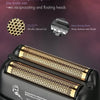 A black electric beard shaver with gold accents, featuring a reciprocating floating duo-knife net and sharp etching blades.