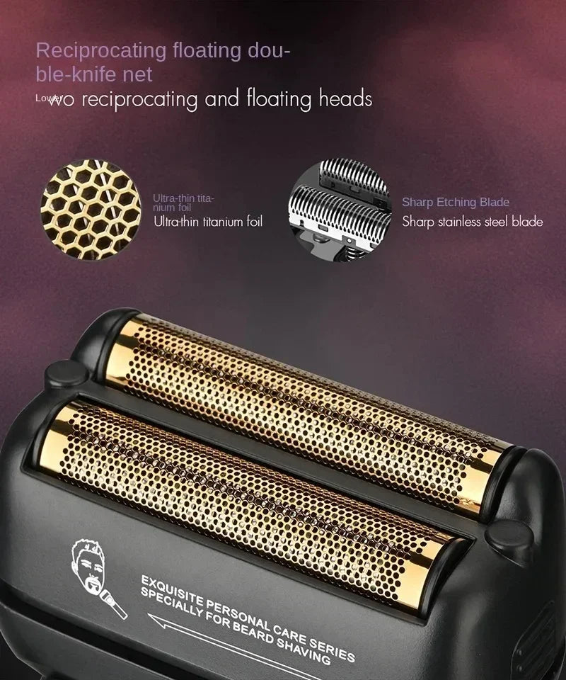 A black electric beard shaver with gold accents, featuring a reciprocating floating duo-knife net and sharp etching blades.