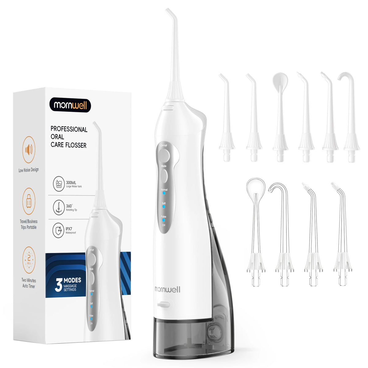 A white portable USB rechargeable water flosser with multiple tips and accessories displayed next to its packaging.