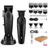 Black professional electric hair clipper kit showing various guard attachments and a box.