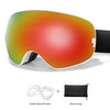 A pair of orange-tinted sports goggles with a white frame and an attached black storage bag.