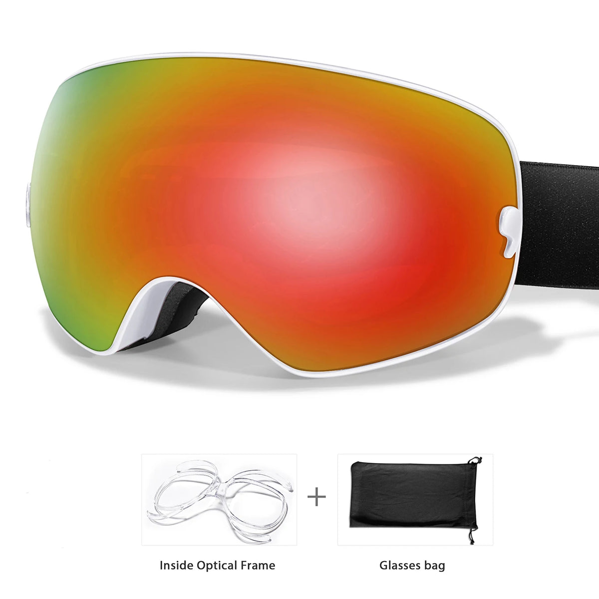 A pair of orange-tinted sports goggles with a white frame and an attached black storage bag.