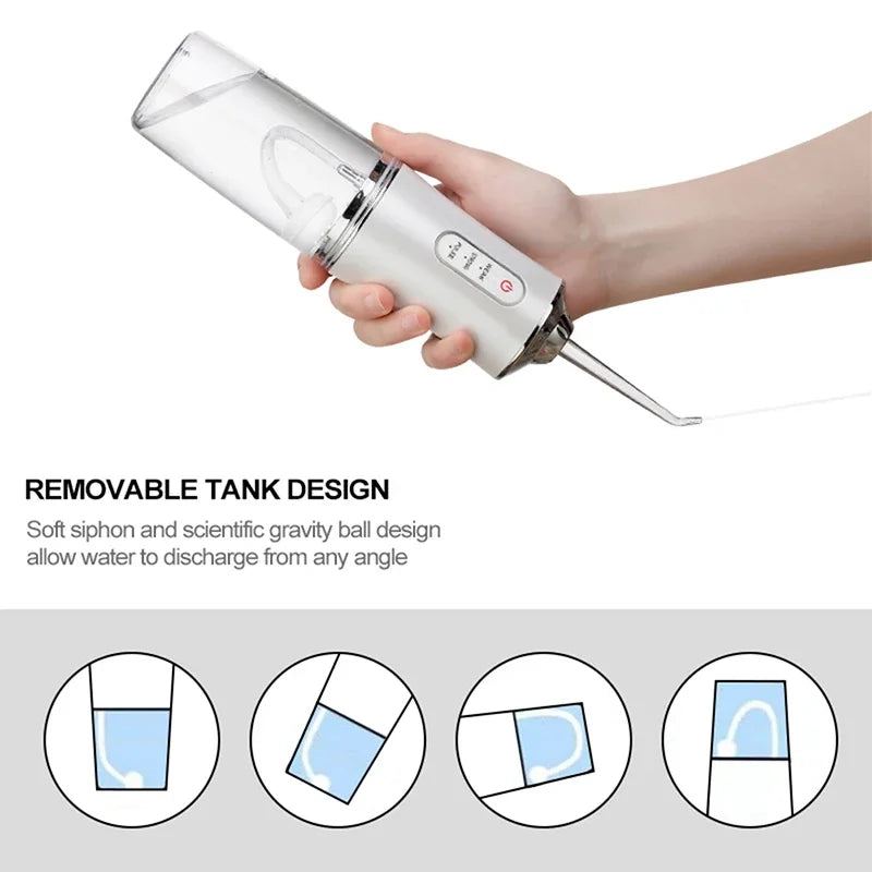 A hand holds a clear oral irrigator water flosser device, demonstrating its removable tank design.