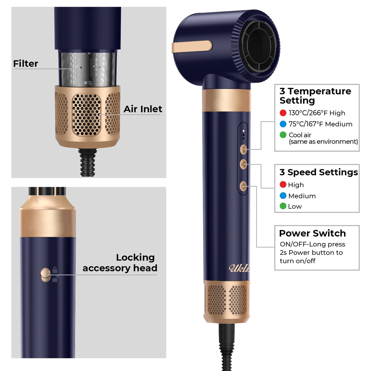 A dark blue hair styling dryer brush with a gold finish, showing filter and air inlet details.