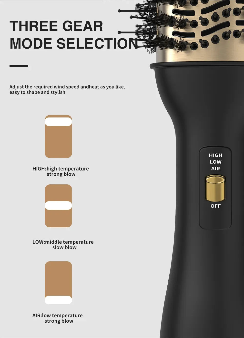 Close-up of a black hair dryer brush with three gear mode selection options displayed on the body.