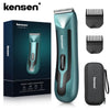 A KenSen body hair groomer in teal and black, shown with its charging case and blade attachments.
