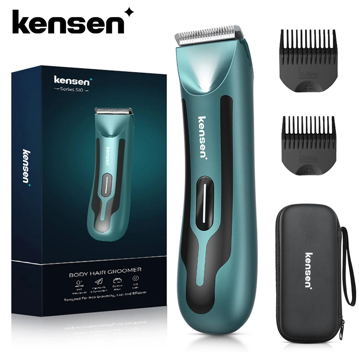 A KenSen body hair groomer in teal and black, shown with its charging case and blade attachments.