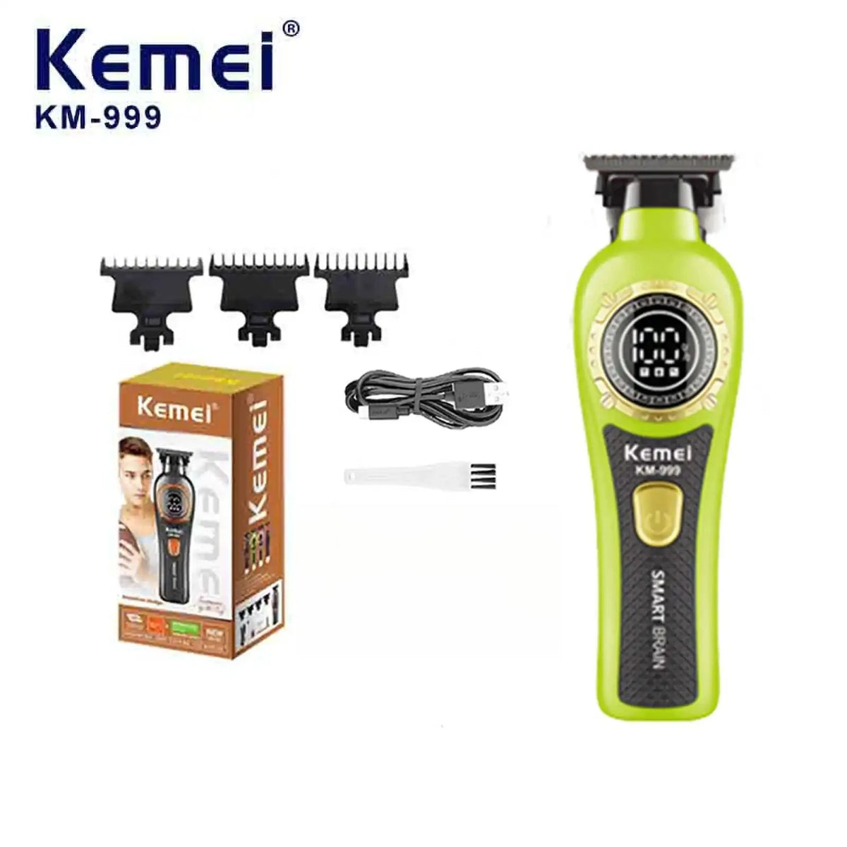 A yellow Kemei KM-999 cordless electric hair clipper with a black charging cable and blade attachments.