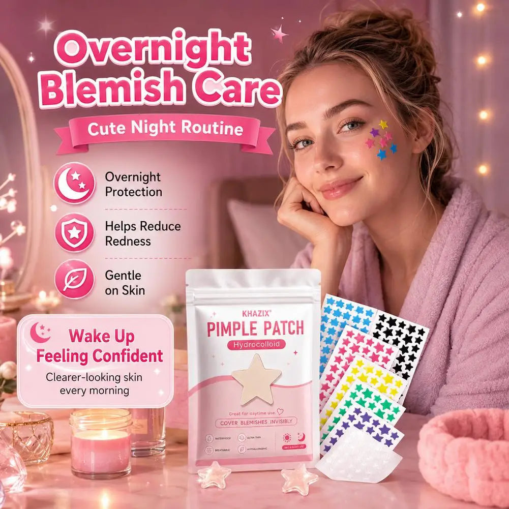 A woman is shown using pimple patches for overnight blemishes care with a cute night routine setup.