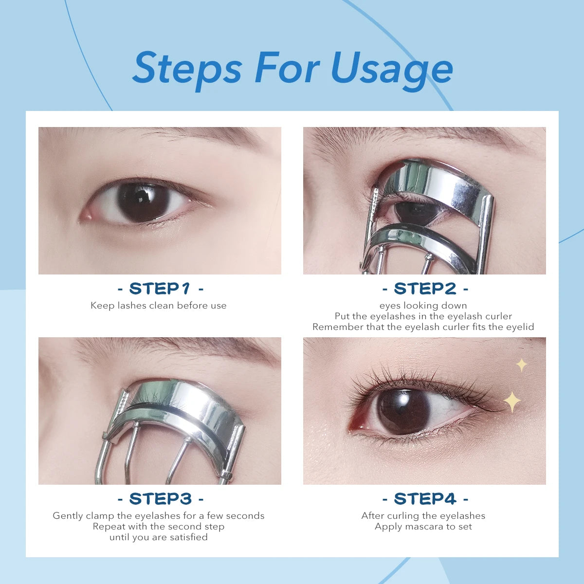 Anleitung zur Verwendung einer professionellen natürlichen Wimperncurler auf dem Auge.