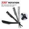 A black folding shaving razor with a rotating blade holder design shown in various angles.
